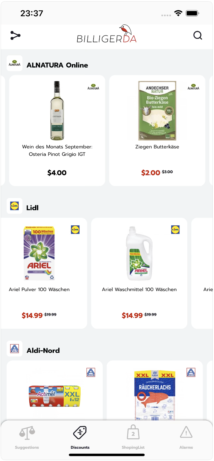 Billigerda App Screenshot - Discounts von Alnatura, Lidl und Aldi